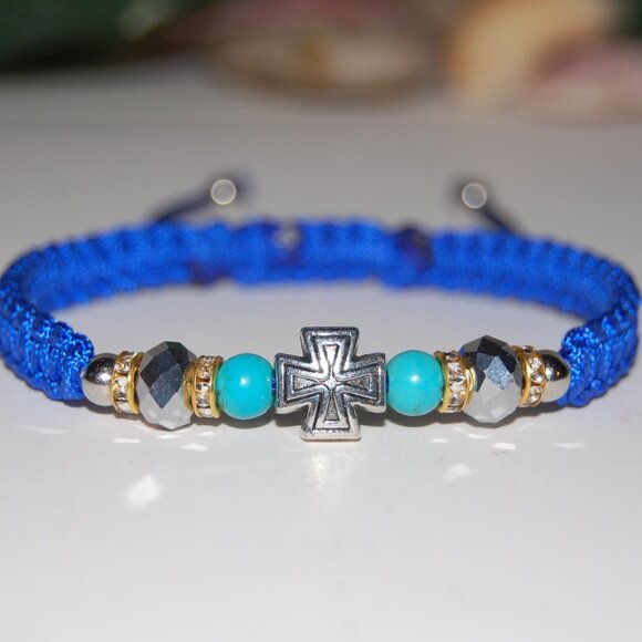 Cross Bracelet,6mm Stone and Glass Beads,Friendship Bracelet,Good Wishes Gift - Picture 1 of 3